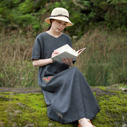 亂在江南純色亞麻連衣裙短袖夏季新品休閑寬松舒適透氣長(cháng)裙 圖片色 均碼