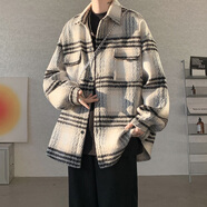 軒森圖（XUANSENTU）條紋毛呢外套男春秋款小香風感痞帥潮牌寬松工裝格子夾克秋季 CT32黑色 L (175) （120斤至145斤可穿）