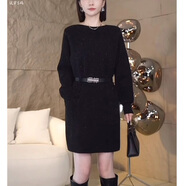 燕潯連衣裙女秋冬新款2025女裝小個子加厚保暖毛衣裙中長款針織裙子女 黑色(配腰帶) 均碼 建議85-135斤