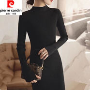 皮爾卡丹（pierre cardin）半高領(lǐng)高端羊毛連衣裙女秋冬新款長(zhǎng)款過(guò)膝純色毛衣針織內(nèi)搭打底衫 黑色 S