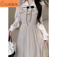 君瑞思赫本風(fēng)連衣裙秋冬季2024新款假兩件女裝小個(gè)子法式氣質(zhì)長(zhǎng)裙子 杏色 s碼