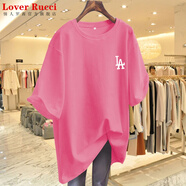 LOVER RUCCI粉色t恤女夏季短袖2025年歐貨大版純棉中長(zhǎng)款寬松遮屁股上衣服ins LA粉色 M 建議110-135斤