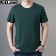 JEEP SPIRIT棉質(zhì)微彈短袖t恤男寬松大碼夏季圓領(lǐng)半袖薄款純色休閑繡標(biāo)體恤衫 墨綠 XL (180) /100A建議150-155斤