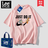 Leekylze官方品牌旗艦聯(lián)名短袖t恤男女貓和老鼠卡通半截袖情侶裝寬松重磅 粉色 M