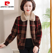 皮爾卡丹（pierre cardin）中年媽|媽冬裝外套2025新款中老年女裝秋冬水貂絨短款洋氣格子上 紅色 M 建議105斤內