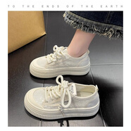 大東秘語(yǔ)國風(fēng)蕾絲小白鞋女鞋子2024夏季新款網(wǎng)鞋百搭厚底透氣薄款休閑板鞋 米白色 37