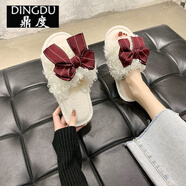 棉拖鞋女情侶春秋夏冬季居家用室內地板防滑底四季亞麻男女拖鞋 大白蝴蝶結紅色 36-37(適合35-36)