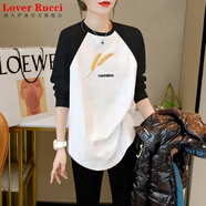 LOVER RUCCI中長款打底衫春秋內搭小個子長款長袖t恤女遮屁股鯊魚褲搭配上衣 997-97B黑白插色 L 適合110-125斤