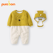博睿恩（Pureborn）寶寶冬季夾棉保暖連體衣嬰兒可愛(ài)卡通外出爬服新生兒衣服 姜黃 73cm