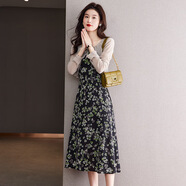 歌米拉（Gemila）印花雪紡吊帶連衣裙女夏季溫柔風(fēng)高腰內(nèi)搭v領(lǐng)無(wú)袖背心碎花長(zhǎng)裙子 黑色 M