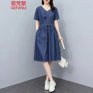 歌梵黎（GEFANLI）大碼女裝夏裝胖人抽繩收腰顯瘦遮肚胖mm氣質(zhì)減齡休閑牛仔連衣裙女 圖片色 3XL 【建議150-165斤】