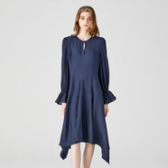 岸香絲縷桑蠶絲提花藏藍圓領(lǐng)喇叭長(cháng)袖寬松腰簡(jiǎn)約文藝風(fēng)真絲連衣裙AE1952 素玄如畫(huà)（A63） 165/L