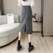 小個子秋冬季加絨加厚半身裙大衛(wèi)衣格子半身裙女秋冬季毛呢加厚印花中長裙直筒開叉包臀裙 黑色 L_115-130斤