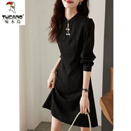 啄木鳥(niǎo)新中式復古改良旗袍連衣裙女春秋高級感小個(gè)子氣質(zhì)顯瘦中長(cháng)小黑裙 黑色 XL 建議115-125斤