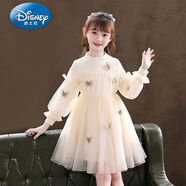 迪士尼（Disney）女童連衣裙春秋季兒童打底冬裙子針織網(wǎng)紗加絨裙子針織網(wǎng)紗公主裙 香檳色【常規(guī)】 120 cm偏小