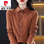 皮爾卡丹（pierre cardin）加厚純色磨毛襯衣女秋冬polo領(lǐng)寬松顯瘦上衣時(shí)尚職業(yè)內搭疊穿襯衫 焦糖色 2XL
