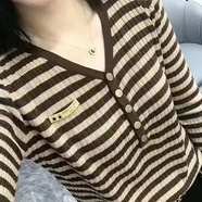 尚濤新款女裝毛衣女薄款春秋針織衫V領(lǐng)條紋外穿套頭長袖打底衫女士 卡其條紋 3XL建議130-140斤