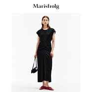 Marisfrolg【新能量黑裙】瑪絲菲爾夏新款光耀黑三醋纖抽褶開衩連衣裙女 光耀黑 L