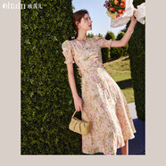 Olrain歐芮兒碎花短袖連衣裙女夏季女裝收腰顯瘦A字花瓣裙子 花色 M