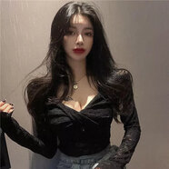 秋冬新款韓版修身顯瘦氣質(zhì)V領(lǐng)長袖T恤女性感蕾絲內(nèi)搭打底衫上衣潮 黑色【常規(guī)款】 L 100-110斤