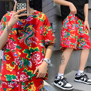 NASALIKE東北大花布衣服大碼胖子短袖短褲套裝兩件套半袖一套小眾男裝t恤 【優(yōu).惠2件套】紅色 5XL 建議體重175-185斤