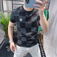 南極人（Nanjiren）歐洲站夏季新款潮牌短袖t恤男虎頭格子圓領(lǐng)個(gè)性潮流半袖帥氣 黑色 S :70-85斤內