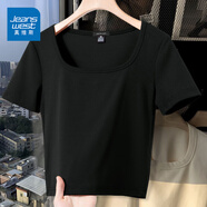 真維斯（JEANSWEST）短款短袖t恤女2025年新款夏季修身顯瘦方領(lǐng)純色洋氣高腰緊身小衫 黑色 純色 2XL
