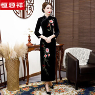 恒源祥春秋旗袍改良版連衣裙女中年刺繡媽媽裝金絲絨長款加絨旗袍裙 3號花【黑色】 L 建議【100~112斤】
