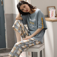 美即萊（MEIJILAI）睡衣女夏天純棉短袖七分褲家居服女士休閑寬松加大碼春夏季套裝 H 217 3XL(身高170-180體重160-180）