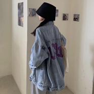 索宛亦（SUOWANYI） 牛仔外套女2021年春秋新款刺繡韓版寬松原宿bf風(fēng)復古洋氣 紫色字母圖片色 M 100-120