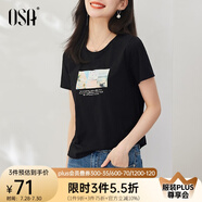 歐莎（OSA）白色短款T恤女士夏季新款衣服短袖印花顯瘦正肩上衣體恤修身 黑色 XL