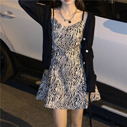 性感吊帶連衣裙套裝女春夏季短款收腰內搭打底斑馬紋裙子針織開(kāi)衫 針織衫+吊帶裙 兩 S 建議90~100斤