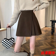 絲瀟秋冬毛呢短裙女韓版新款顯瘦高腰A字裙不對(duì)稱(chēng)百褶裙百搭半身裙子 咖啡色 S