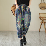 蘑菇同學(xué)牛仔褲女高腰哈倫褲女士春秋寬松個(gè)性印花顯瘦百搭蘿卜九分褲 藍色 L 【建議120-140斤】