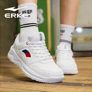 鴻星爾克（ERKE）女鞋跑步鞋2025年夏季新款皮面緩震防水休閑老爹鞋耐磨運動鞋跑鞋 正白/墨水藍2095 （皮面） 35