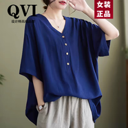 QVI高端品牌 亞麻短袖t恤女2025夏季新款寬松大碼減齡顯瘦棉麻上衣 藍(lán)色 3XL 【190-220斤】