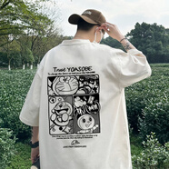 主意范（ZHUYIFAN）哆啦A夢T恤短袖男夏季青少年美式潮流圓領(lǐng)純棉寬松卡通五分袖上衣 杏色 M