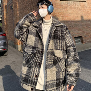 賓迪肯（BINDIKEN）美式復(fù)古外套男秋冬季羊羔毛棉服加絨加厚小香風(fēng)寬松格子棉衣潮牌 M8020灰色 L（125-145斤）