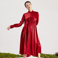 界內界外原創(chuàng  )設計師品牌超長(cháng)款襯衣裙女2021春秋季高端簡(jiǎn)約立領(lǐng)垂感人絲連衣裙 酒紅色 S