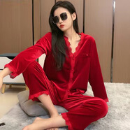 伊森尼尼金絲絨睡衣女秋冬季長袖家居服套裝甜美法式2025新款v領(lǐng)保暖衣 紅色 2XL 建議120-130斤