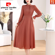 皮爾卡丹（pierre cardin）氣質(zhì)色長(zhǎng)袖連衣裙女春季2024新款春裝高腰顯瘦雪紡裙子春秋女裝 皮粉 3XL [140-155斤]
