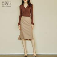 百洛安長(cháng)袖V領(lǐng)針織衫上衣女春新款彈力修身套頭小衫荷葉邊薄毛衣 棕色 S