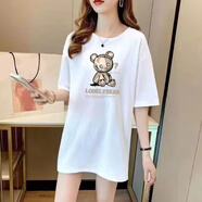 吉莞美t恤女夏季新款韓版百搭印花洋氣落肩中長款白色T恤五分袖純棉上衣 中長款白t恤*呆呆熊 均碼【建議80-160斤左右】