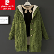 皮爾卡丹（pierre cardin）2025新減齡粗棒針麻花毛衣外套加絨加厚女秋冬寬松休閑中長(cháng)款連帽 橄欖綠 全身加絨 M (100-120斤)