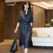 YXHK連衣裙女春秋長(zhǎng)袖品牌女裝羊毛襯衫裙2024新款顯瘦中長(zhǎng)款洋氣裙 深灰色 XL 135-150斤