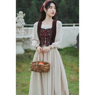 簡丹柔夏復(fù)古連衣裙歐式中世紀宮廷風(fēng)話劇演出服公主裙法式裙少女田園風(fēng) 馬.甲+連衣裙+頭巾 L