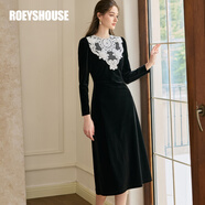 ROEYSHOUSE羅衣復(fù)古赫本風(fēng)絲絨連衣裙女2024秋冬新款法式水溶花小黑裙11337 黑色 L