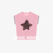 Basic House/百家好2025夏季新款撞色星星印花針織短袖T恤上衣 粉色 M 90-120斤