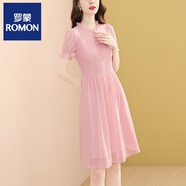 羅蒙（ROMON）雪紡短袖連衣裙女夏天新款氣質(zhì)小個子收腰顯瘦中裙款a字裙女 高端品牌粉紅色+高檔品牌 L 建議105-115斤+高檔品牌