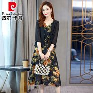 皮爾卡丹棉麻套裝裙兩件套套裝夏裝新款女裝洋氣減齡披肩復(fù)古碎花連衣裙針織 黑色 2XL